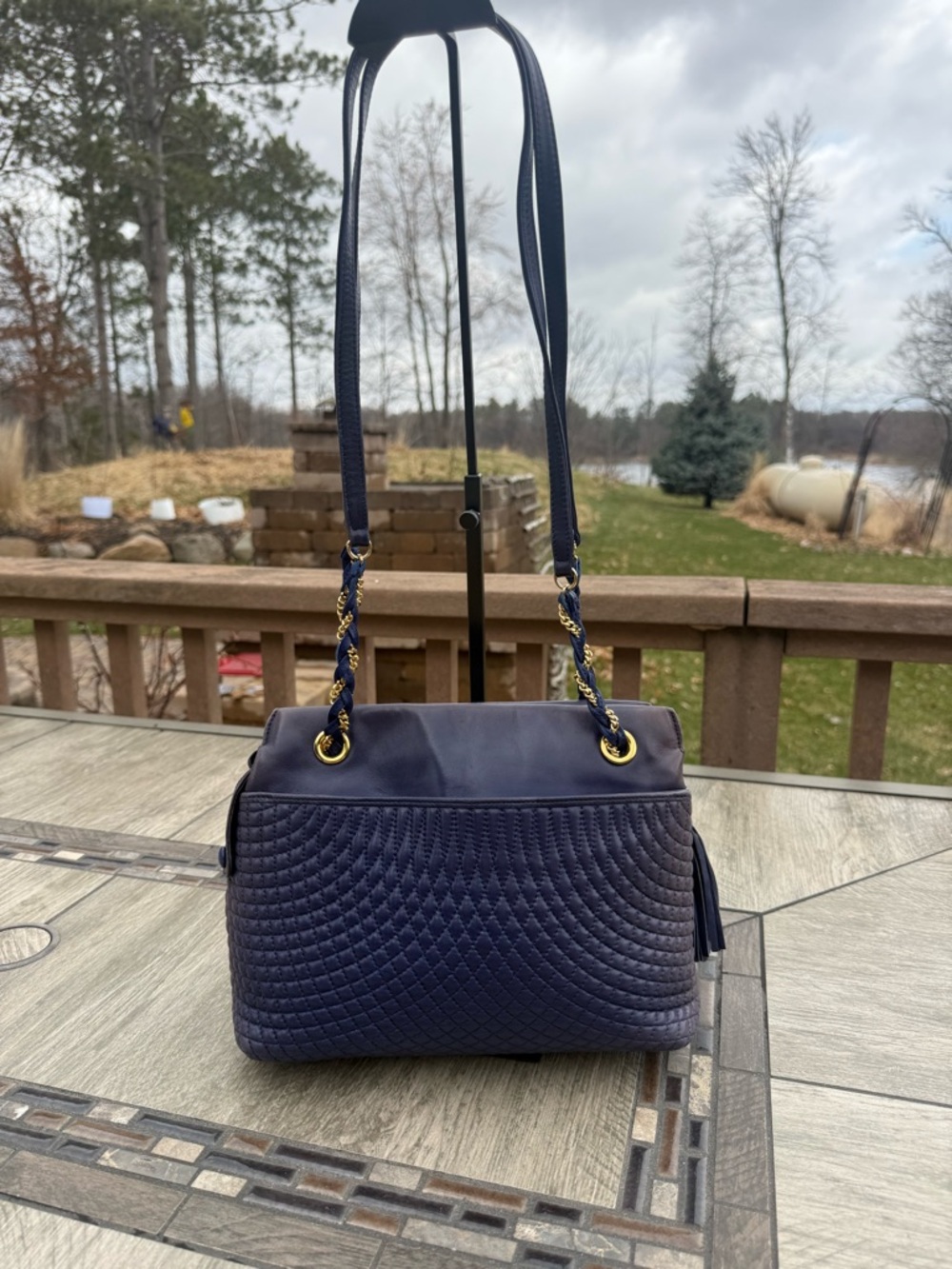 EUC Bally Vintage Soft quilted leather Navy Blue Gold Tassels shoulder Bag - Picture 4 of 15